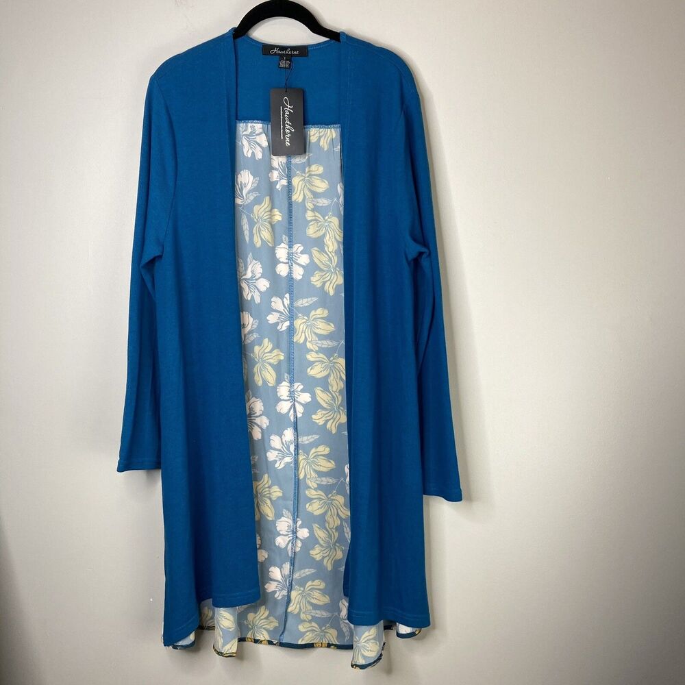 Hawthorne Women's Cardigan Teal Floral Woven Back Open Front Duster Large NWT